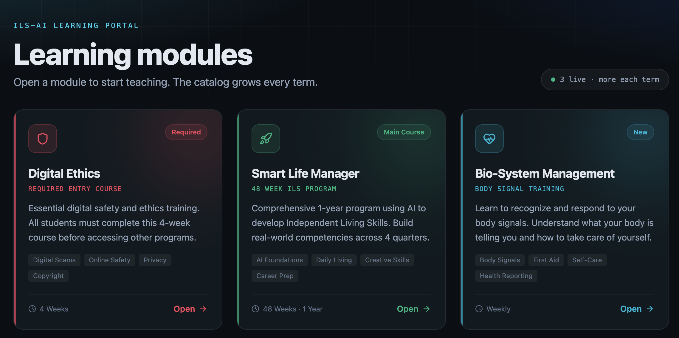 ILS Learning Portal — three live learning modules: Digital Ethics, Smart Life Manager, and Bio-System Management.