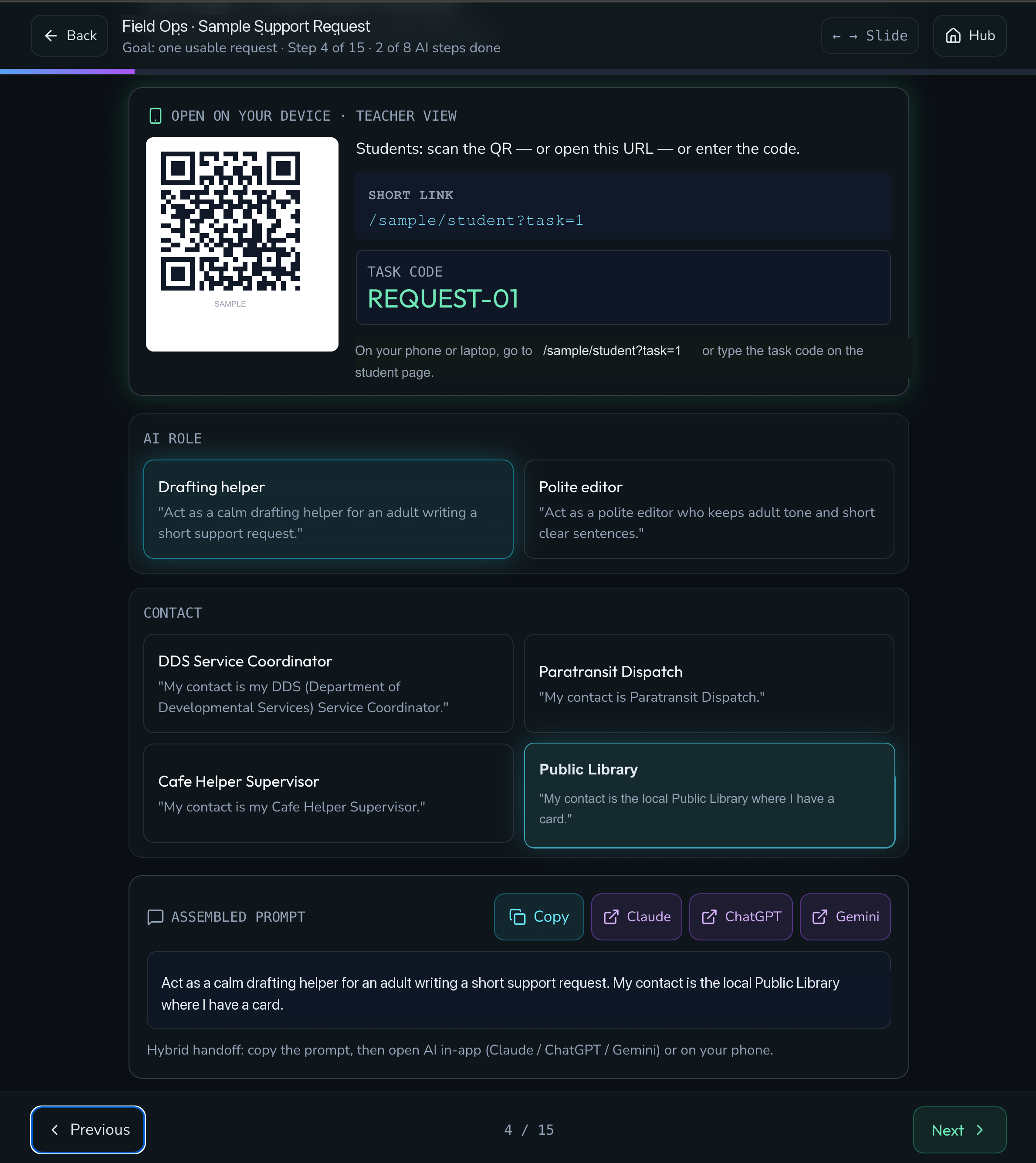 A Field Ops screen where the learner picks an AI role and a contact, and the choices assemble into a complete prompt that can be copied into the AI tool of their choice — alongside a QR code and short link for opening the task on a phone.