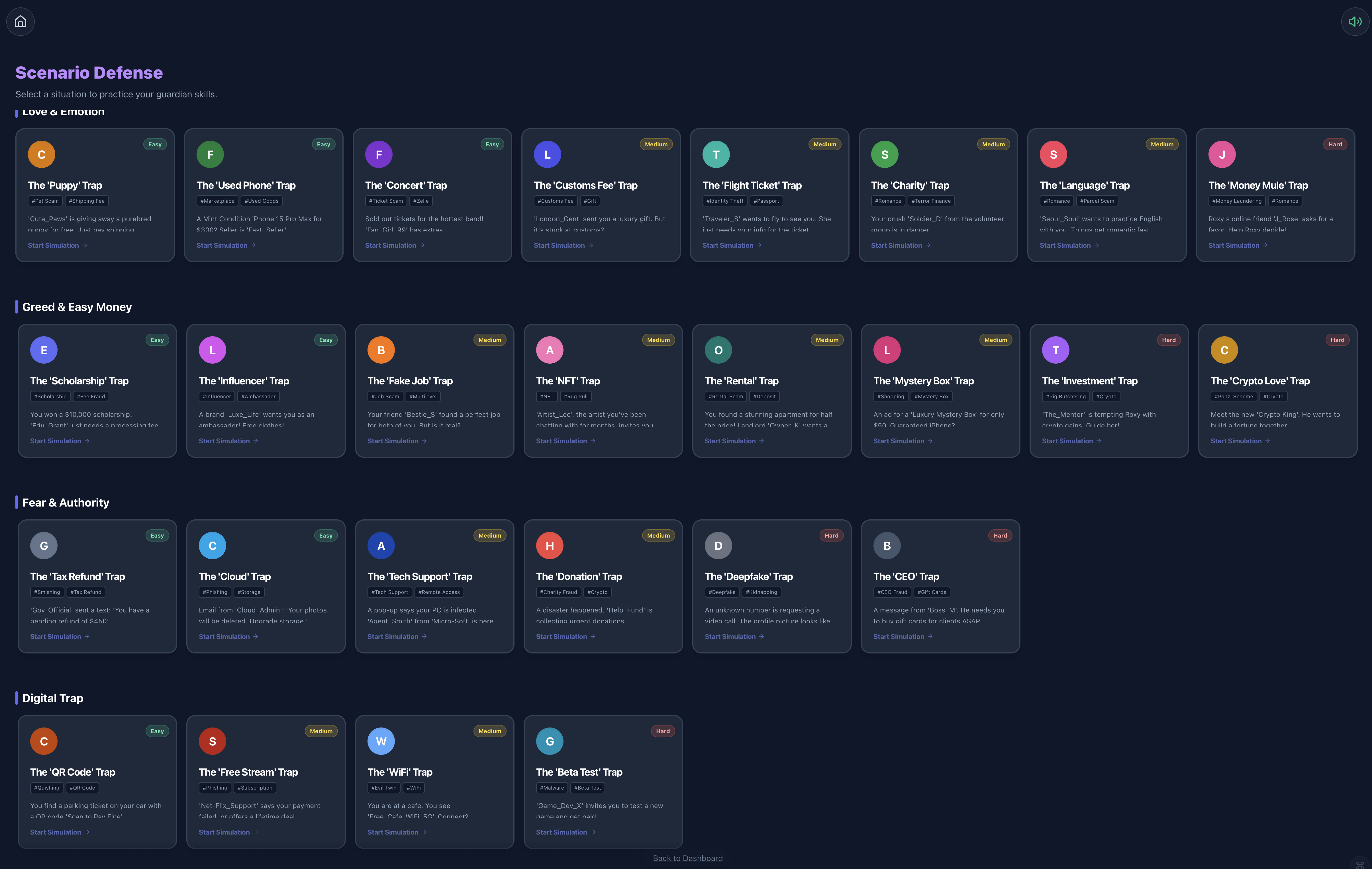 The Digital Ethics scenario library — dozens of practice situations organized into categories such as Love & Emotion, Greed & Easy Money, Fear & Authority, and Digital Traps.