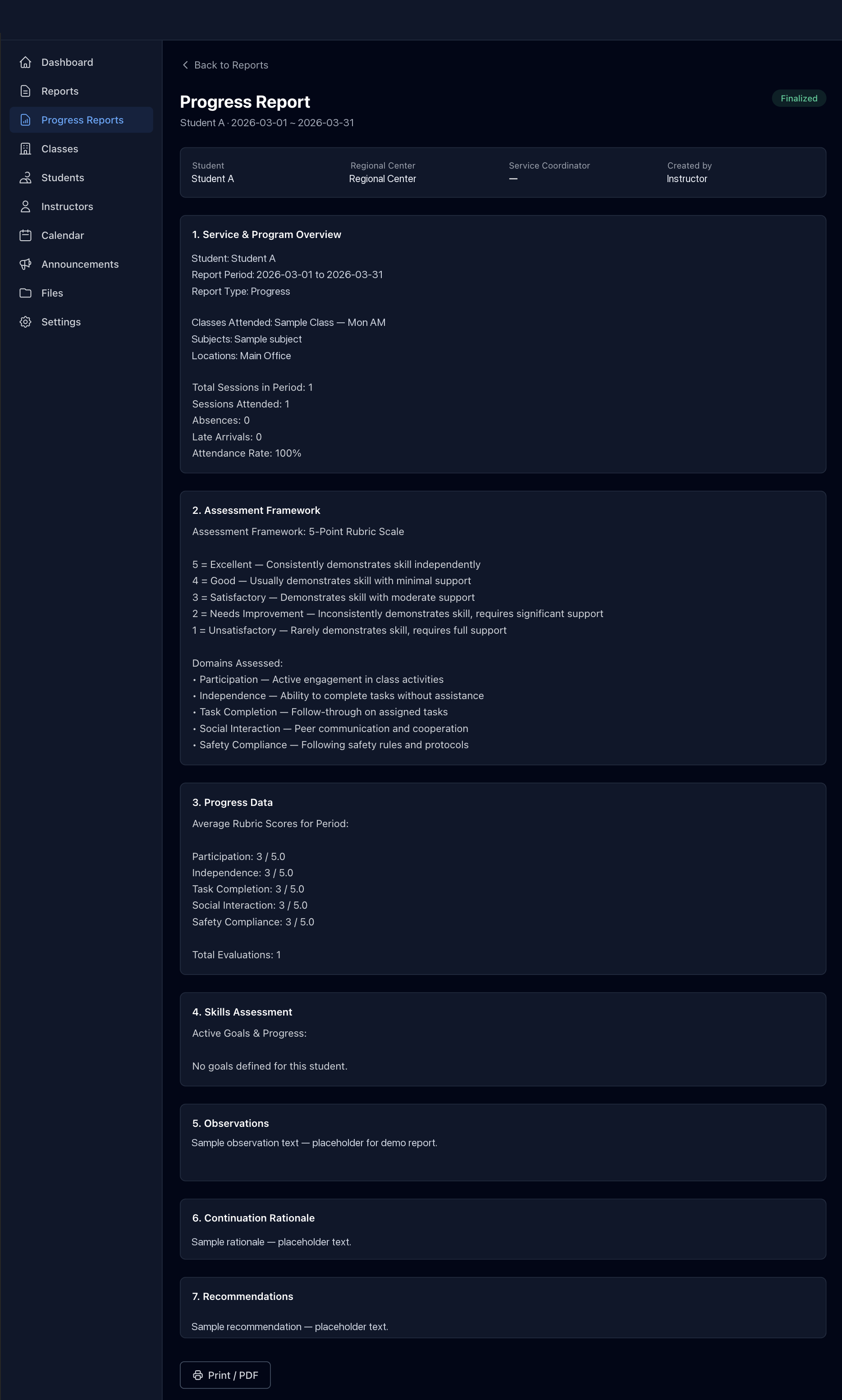 A STRIDE-generated progress report — header with finalized status, then sections for service and program overview, assessment framework, progress data, skills assessment, observations, continuation rationale, and recommendations.